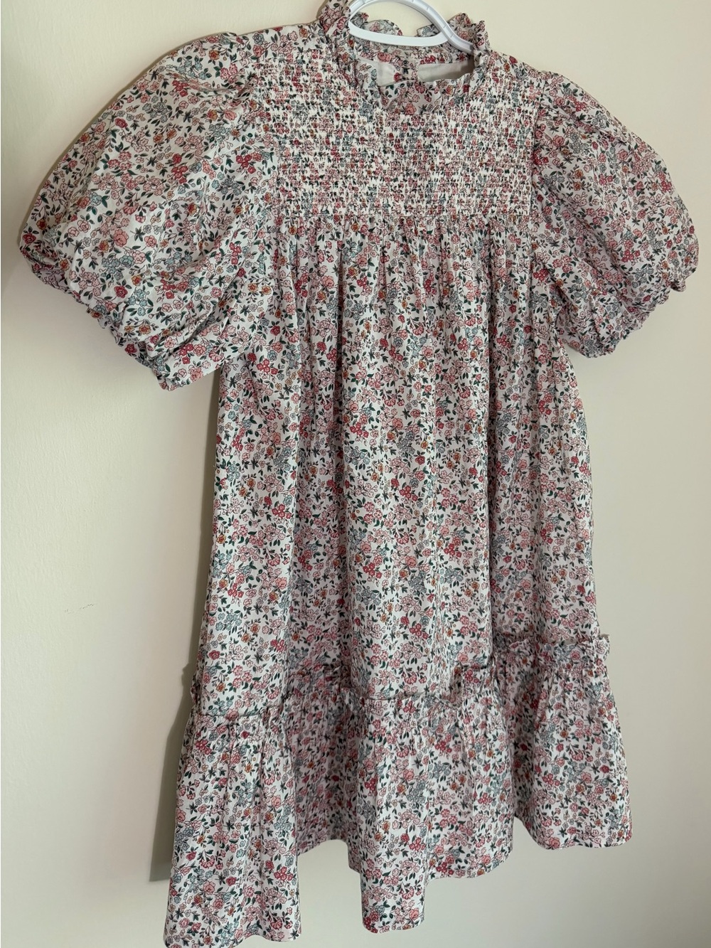 Girls Floral Smocked Puff Sleeve Dress - White with Pink & Green